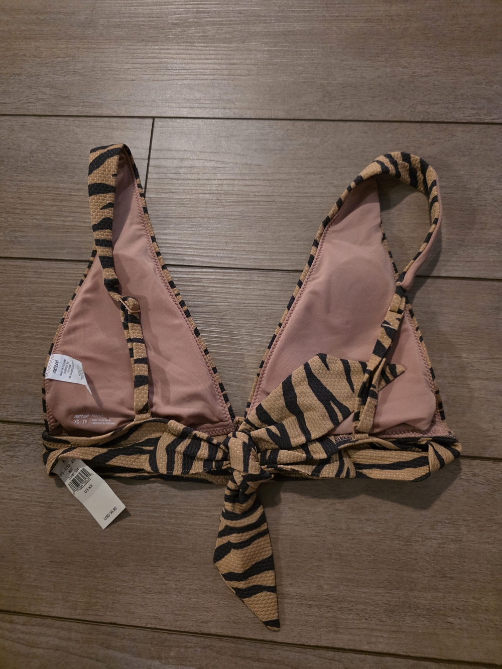 aerie Tiger Print Tie-Front Bikini Top in Tan and Black - Picture 3 of 3